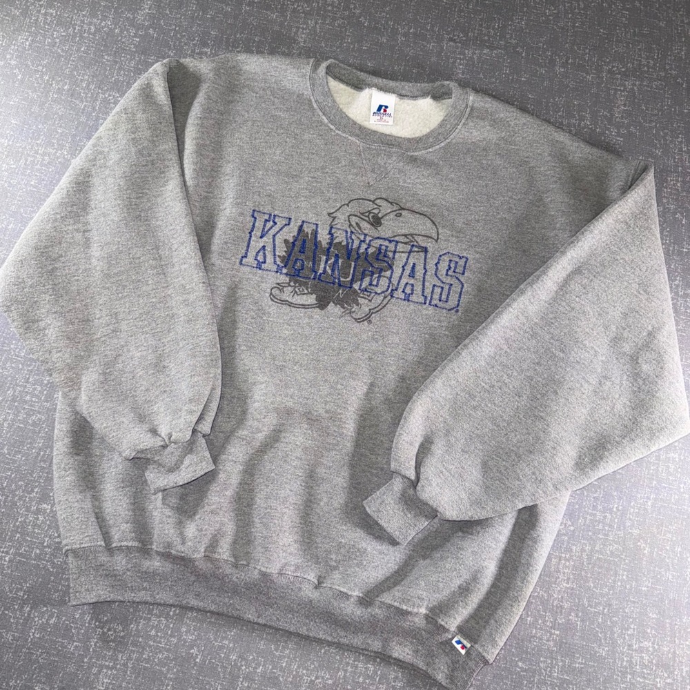 Vintage Kansas Jayhawks Russell Athletic Crewneck Sweatshirt Gray XL USA NCAA
